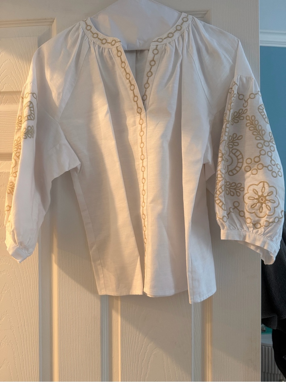 White Linen Embroidered Peasant Blouse - Women